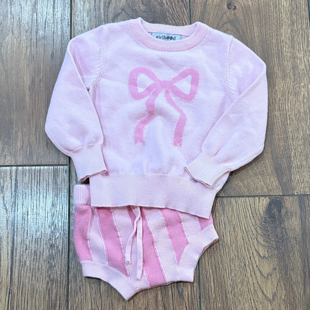 Girlhood by Little Stocking Co Pink Bow Sweater Knit Bloomers Set 6-12 Months